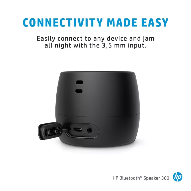 HP 360 juodas belaidis garsiakalbis, Bluetooth 5, nešiojamas, monofoninis, cilindro formos, su mygtukais