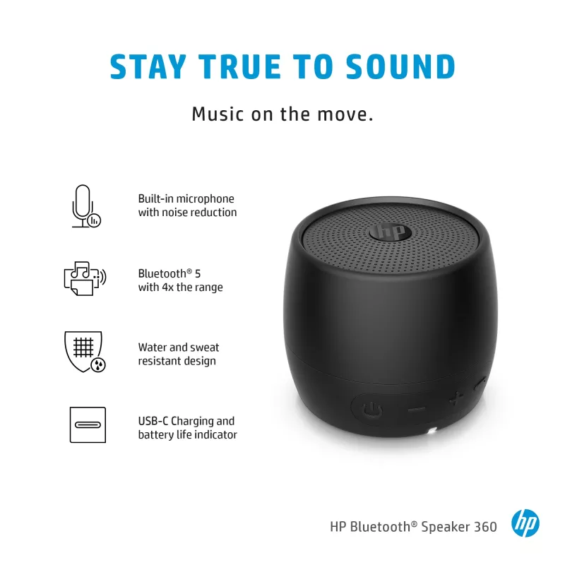 HP 360 juodas belaidis garsiakalbis, Bluetooth 5, nešiojamas, monofoninis, cilindro formos, su mygtukais