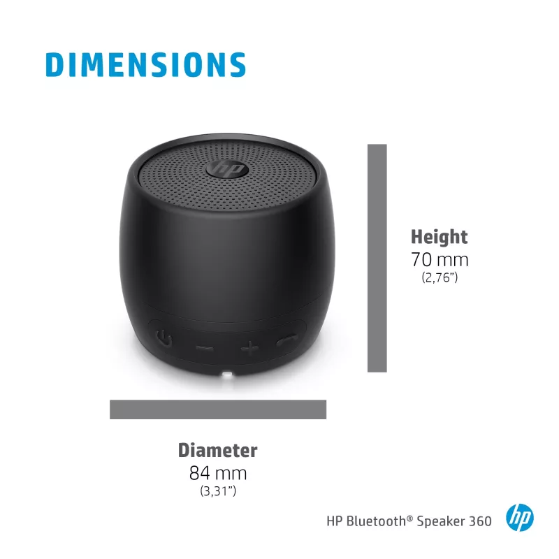 HP 360 juodas belaidis garsiakalbis, Bluetooth 5, nešiojamas, monofoninis, cilindro formos, su mygtukais