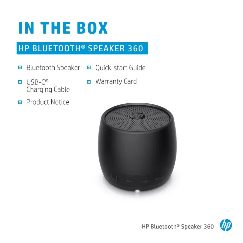 HP 360 juodas belaidis garsiakalbis, Bluetooth 5, nešiojamas, monofoninis, cilindro formos, su mygtukais