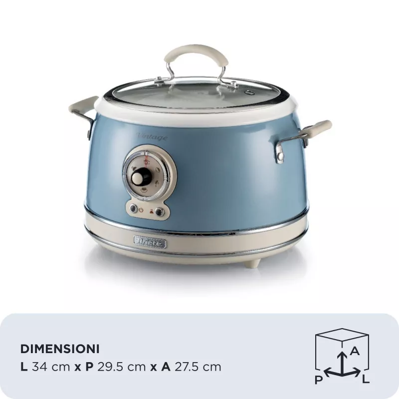 Ariete 2904 Ryžių viryklė – elektrinė ryžių viryklė su keramikiniu dubeniu, naminiams sušiams, multivirkė, Vintage linija, 3,5 l, 650 W, mėlyna