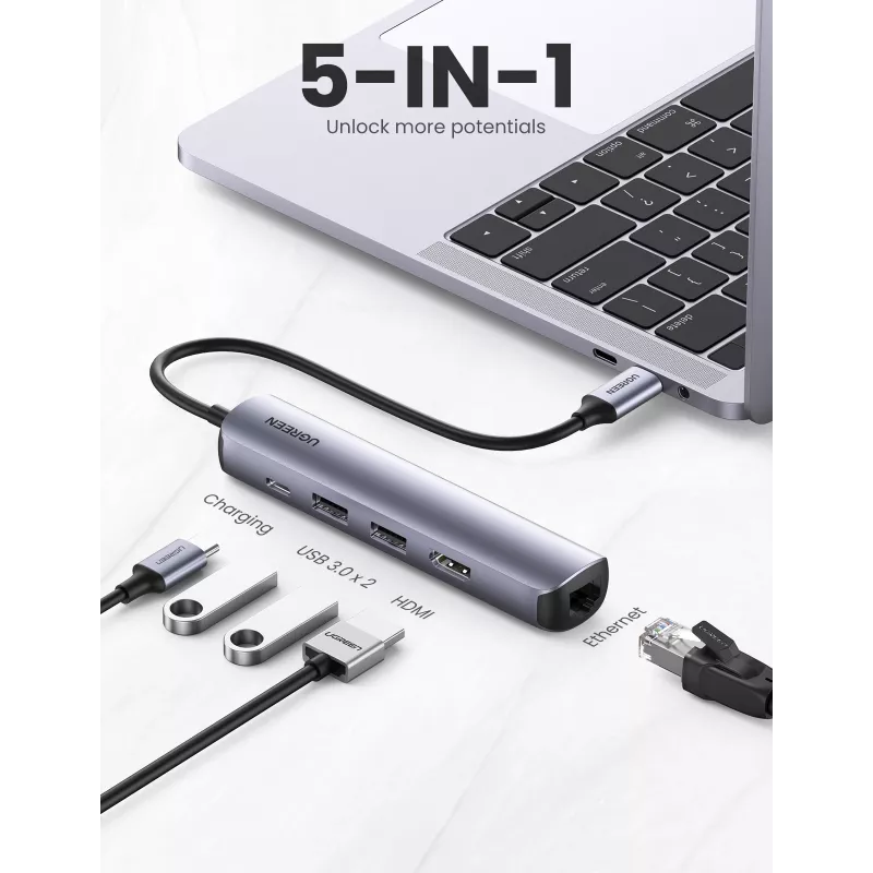 Ugreen 10919 USB-C dokas / prievadų replikatorius, USB 3.2 Gen 1, pilkas