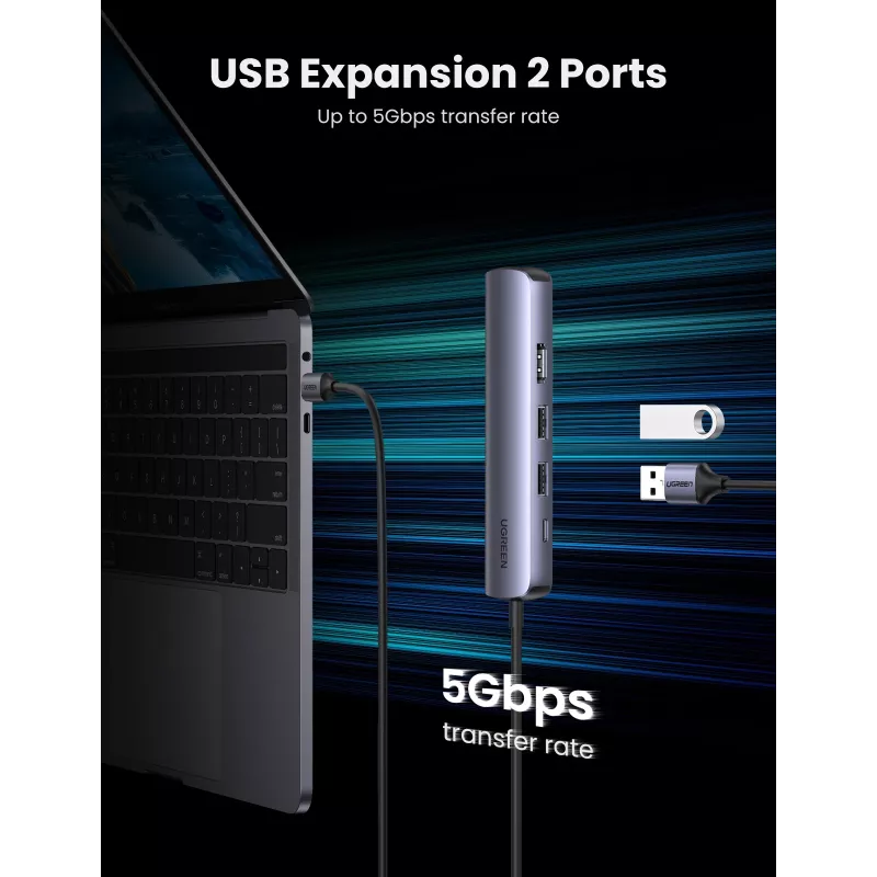 Ugreen 10919 USB-C dokas / prievadų replikatorius, USB 3.2 Gen 1, pilkas