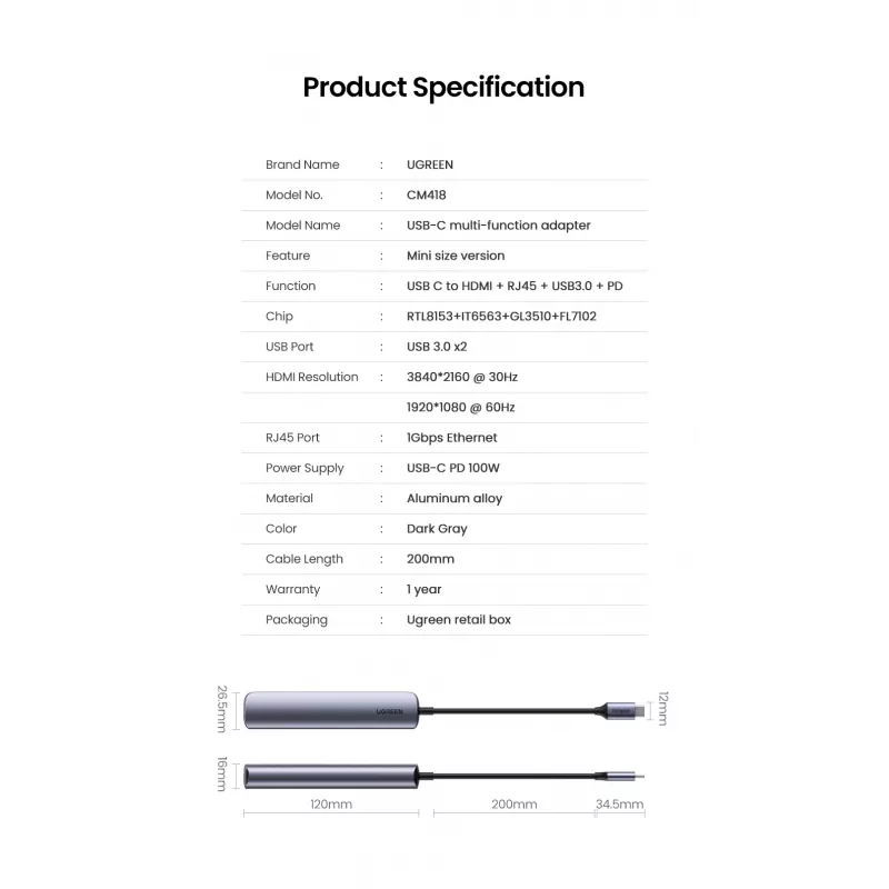 Ugreen 10919 USB-C dokas / prievadų replikatorius, USB 3.2 Gen 1, pilkas