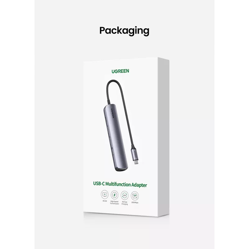 Ugreen 10919 USB-C dokas / prievadų replikatorius, USB 3.2 Gen 1, pilkas