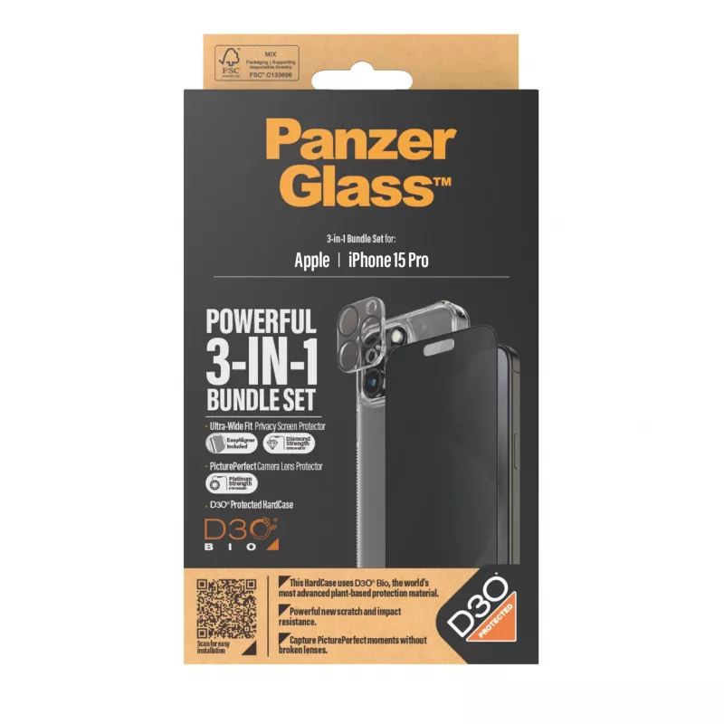 PanzerGlass Privacy 3-in-1 Pack iPhone 15 Pro – Grūdinto stiklo apsauga su privatumo filtru