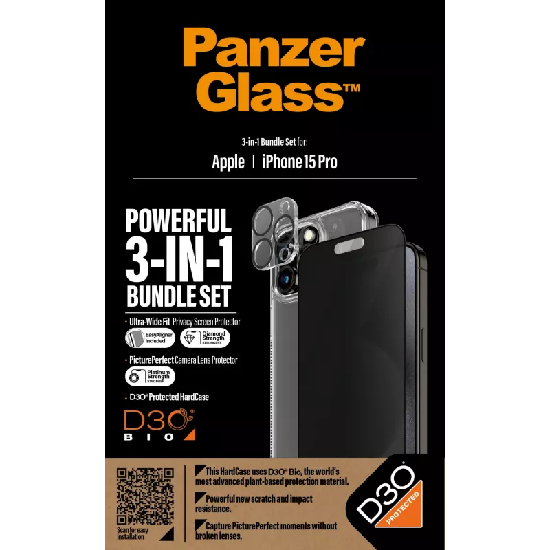PanzerGlass Privacy 3-in-1 Pack iPhone 15 Pro – Grūdinto stiklo apsauga su privatumo filtru