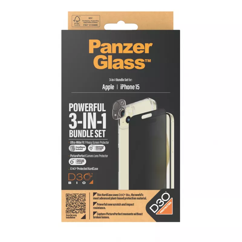 PanzerGlass® Privatumo 3 viename rinkinys iPhone 15 – Atsparus smūgiams grūdintas stiklas