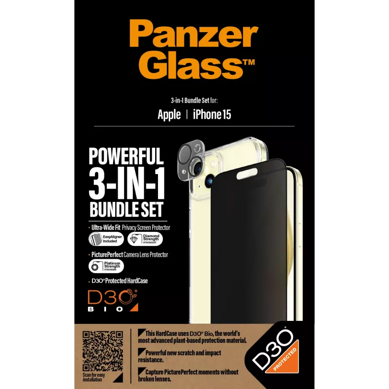 PanzerGlass® Privatumo 3 viename rinkinys iPhone 15 – Atsparus smūgiams grūdintas stiklas