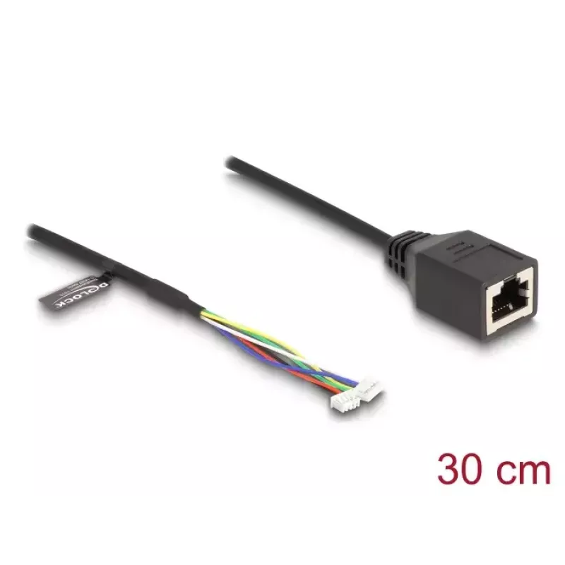 Tinklo kabelis DeLOCK 88007 RJ45 į 4 kontaktų ir 6 kontaktų šukas, Cat5e, 0,3 m, juodas