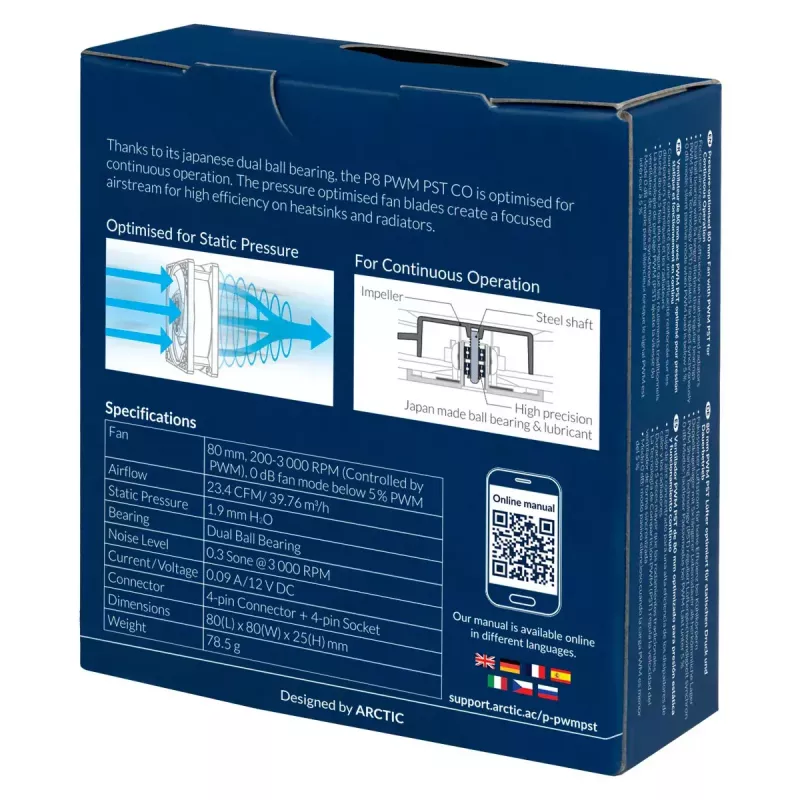 ARCTIC P8 PWM PST CO – slėgiui optimizuotas 80 mm ventiliatorius su PWM PST, skirtas nuolatiniam darbui