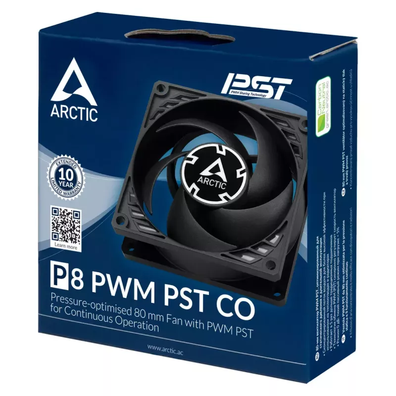 ARCTIC P8 PWM PST CO – slėgiui optimizuotas 80 mm ventiliatorius su PWM PST, skirtas nuolatiniam darbui
