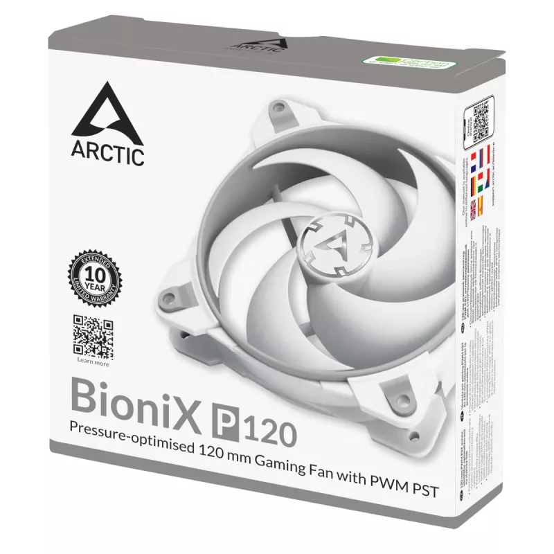 ARCTIC BioniX P120 (Pilka/Balta) – 120 mm slėgiui optimizuotas žaidimų ventiliatorius su PWM PST