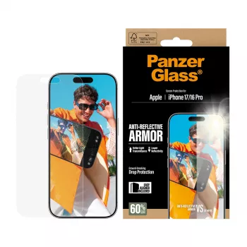 PanzerGlass Anti-Reflective Armor apsauginis stiklas iPhone 17 / iPhone 16 Pro, atsparus įbrėžimams ir smūgiams