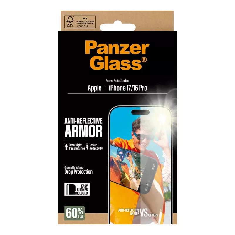 PanzerGlass Anti-Reflective Armor apsauginis stiklas iPhone 17 / iPhone 16 Pro, atsparus įbrėžimams ir smūgiams
