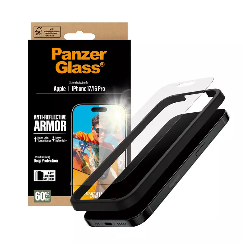 PanzerGlass Anti-Reflective Armor apsauginis stiklas iPhone 17 / iPhone 16 Pro, atsparus įbrėžimams ir smūgiams