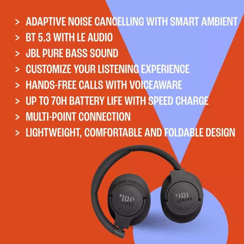 JBL Tune 770NC ausinės su laidu ir belaidžiu ryšiu, skirtos pokalbiams ir muzikai, USB Type-C, juodos spalvos