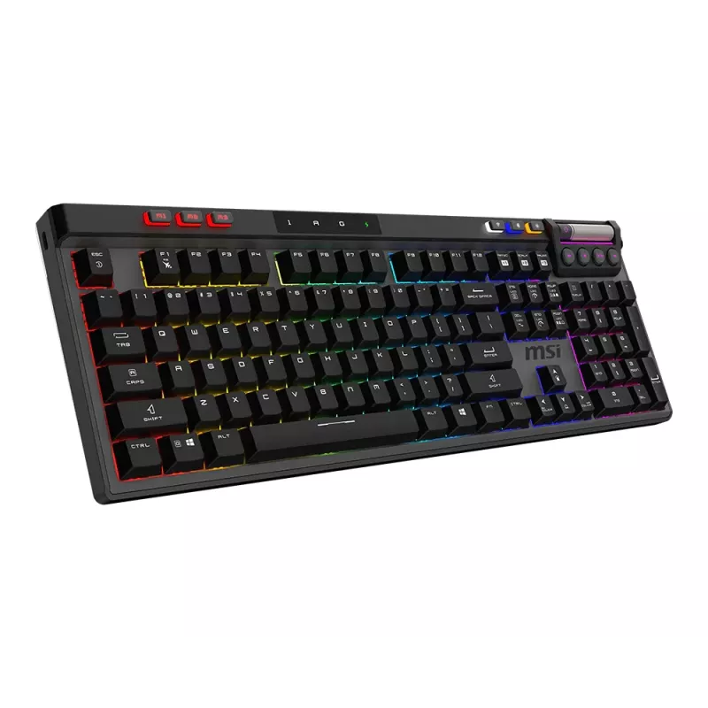 Mechaninė žaidimų klaviatūra MSI STRIKE PRO WIRELESS – pilno dydžio, USB + Bluetooth, RGB, QWERTY US, juoda