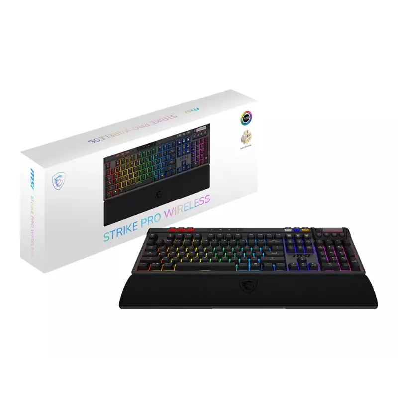 Mechaninė žaidimų klaviatūra MSI STRIKE PRO WIRELESS – pilno dydžio, USB + Bluetooth, RGB, QWERTY US, juoda