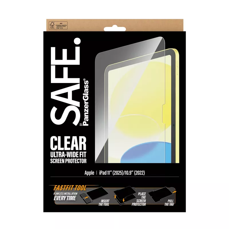 PanzerGlass SAFE apsauginis stiklas iPad 11 colių (2025–2026) | 10,9 colių (2022) | Ultra-Wide Fit su Fastfit įrankiu