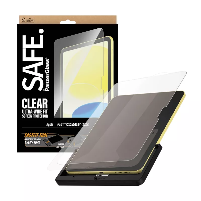 PanzerGlass SAFE apsauginis stiklas iPad 11 colių (2025–2026) | 10,9 colių (2022) | Ultra-Wide Fit su Fastfit įrankiu