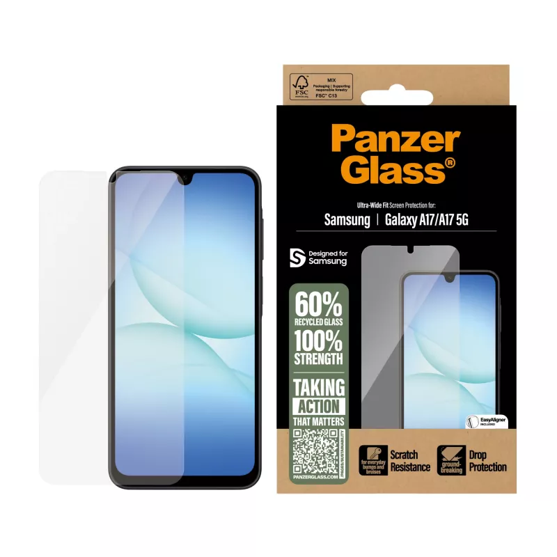 PanzerGlass ekrano apsauga, skirta Samsung Galaxy A17 / A17 5G — itin platus dengimas, PET+silikonas, atspari įbrėžimams ir smūgiams