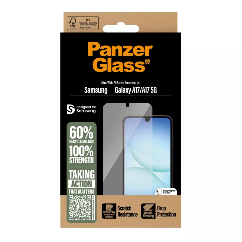 PanzerGlass ekrano apsauga, skirta Samsung Galaxy A17 / A17 5G — itin platus dengimas, PET+silikonas, atspari įbrėžimams ir smūgiams
