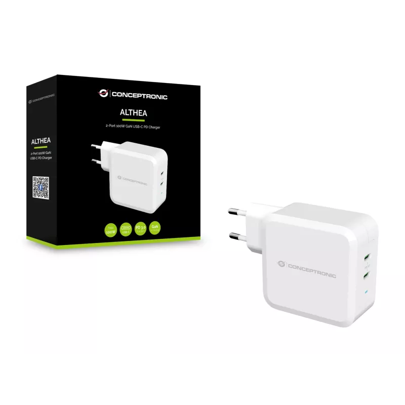 Conceptronic ALTHEA 2 prievadų 100W GaN USB-C PD įkroviklis, vidaus, AC, 5 V, 5 A, Baltas