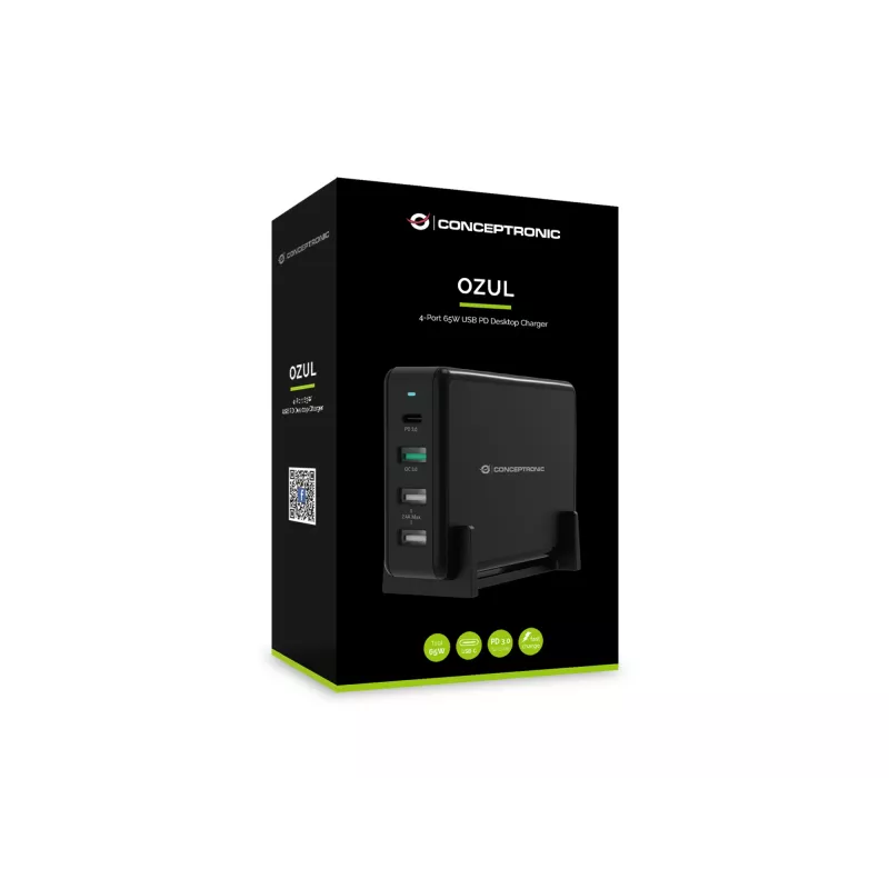 Conceptronic OZUL 4 prievadų 65W USB PD stalinis įkroviklis, vidaus, AC, 5 V, juodas