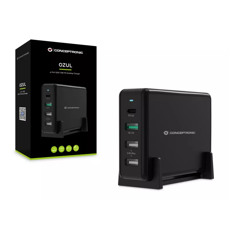 Conceptronic OZUL 4 prievadų 65W USB PD stalinis įkroviklis, vidaus, AC, 5 V, juodas