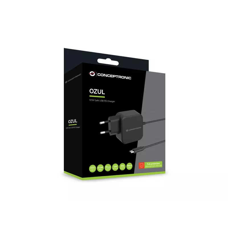 Conceptronic OZUL04BE 67W GaN USB PD įkroviklis su integruotu USB-C laidu