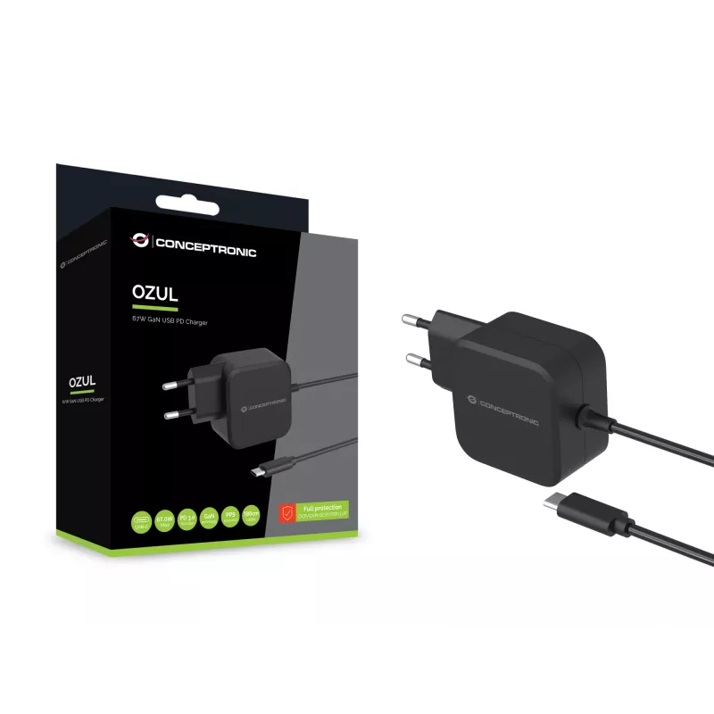 Conceptronic OZUL04BE 67W GaN USB PD įkroviklis su integruotu USB-C laidu