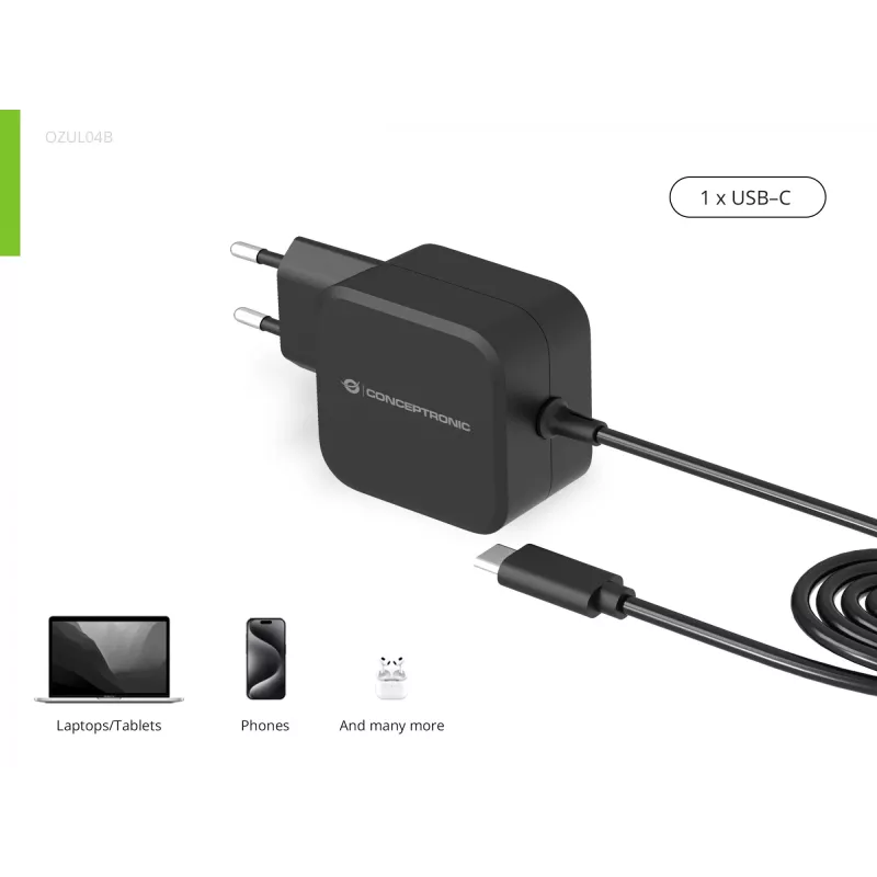 Conceptronic OZUL04BE 67W GaN USB PD įkroviklis su integruotu USB-C laidu