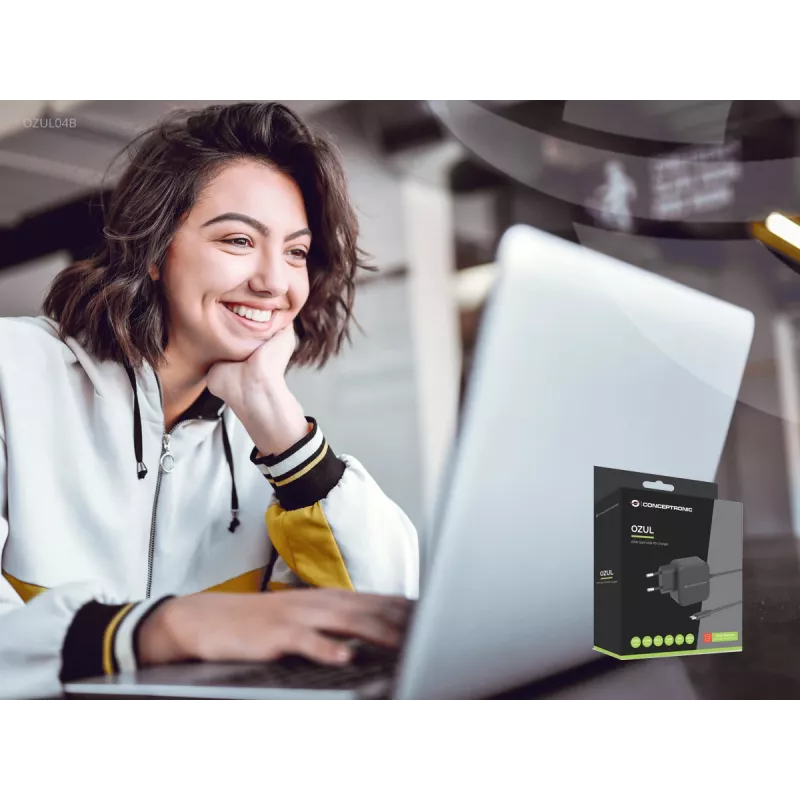 Conceptronic OZUL04BE 67W GaN USB PD įkroviklis su integruotu USB-C laidu