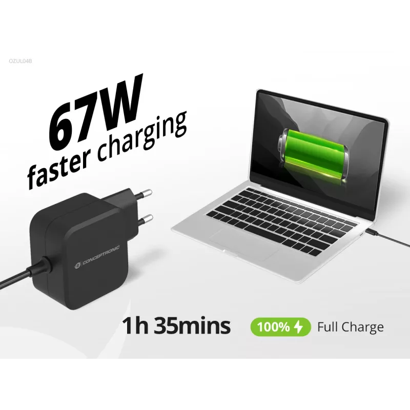 Conceptronic OZUL04BE 67W GaN USB PD įkroviklis su integruotu USB-C laidu
