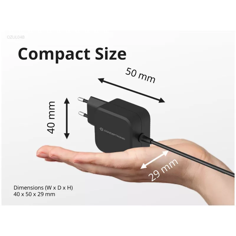 Conceptronic OZUL04BE 67W GaN USB PD įkroviklis su integruotu USB-C laidu