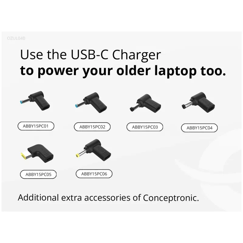 Conceptronic OZUL04BE 67W GaN USB PD įkroviklis su integruotu USB-C laidu