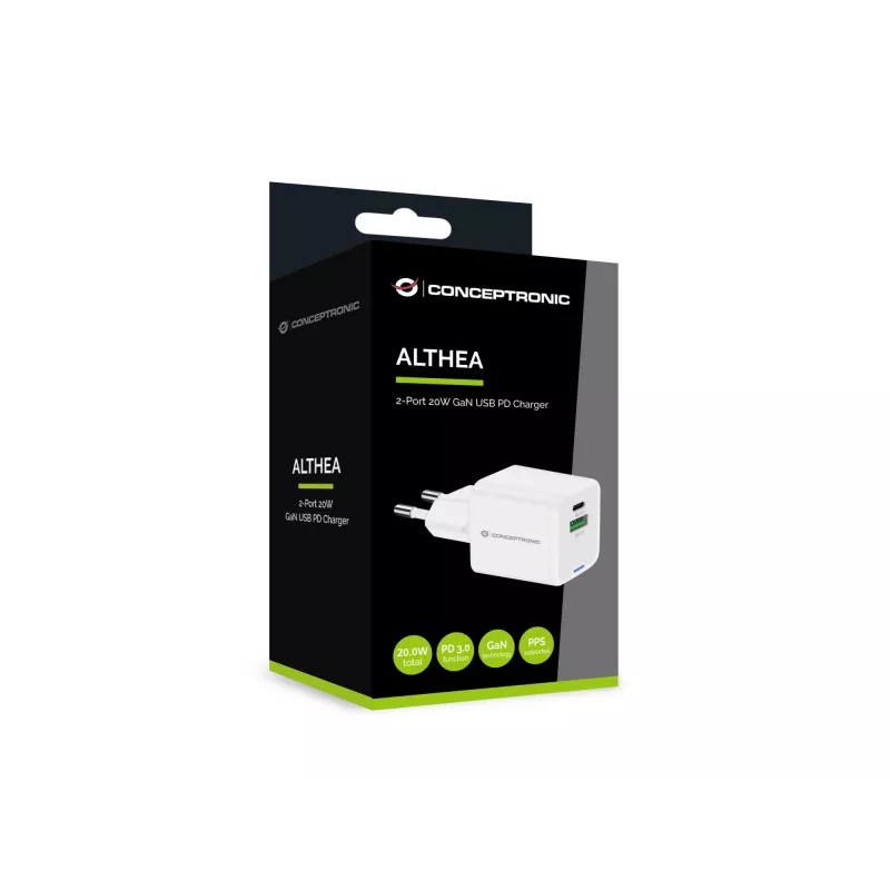Conceptronic 2 prievadų 20 W GaN USB PD įkroviklis, USB-C x 1, USB-A x 1, QC 3.0, PPS