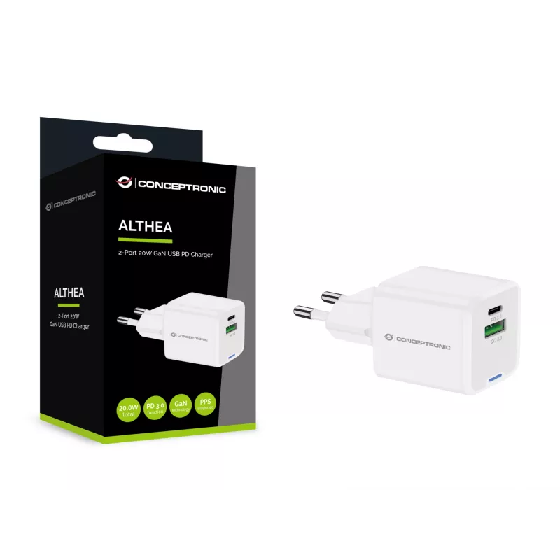 Conceptronic 2 prievadų 20 W GaN USB PD įkroviklis, USB-C x 1, USB-A x 1, QC 3.0, PPS