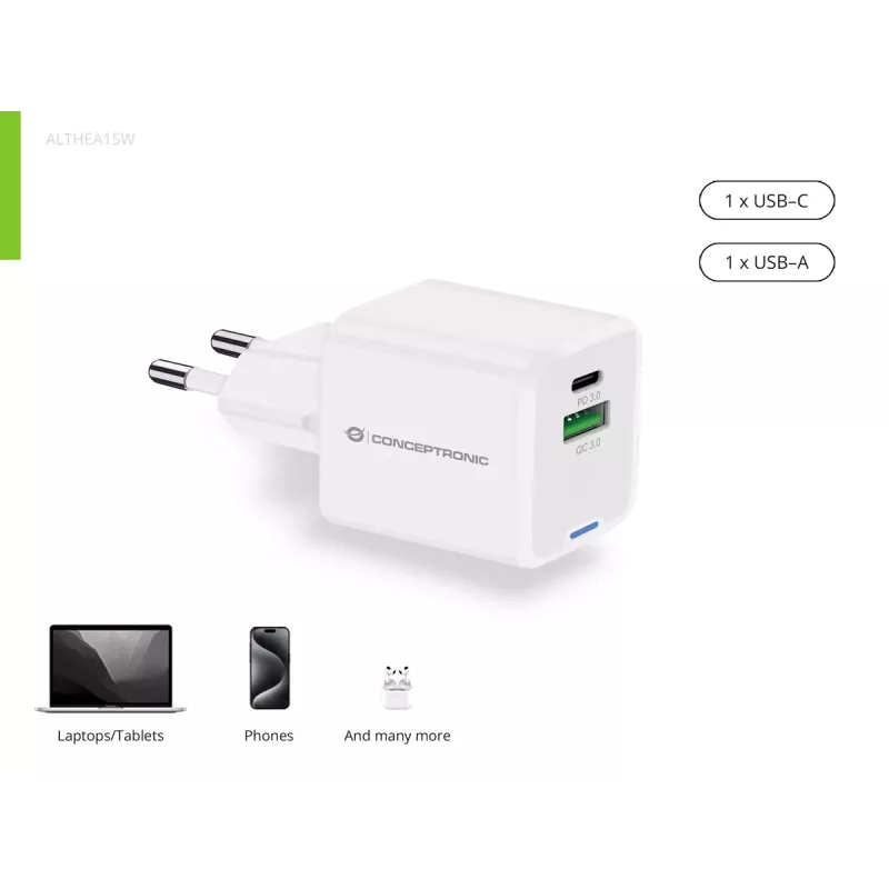 Conceptronic 2 prievadų 20 W GaN USB PD įkroviklis, USB-C x 1, USB-A x 1, QC 3.0, PPS