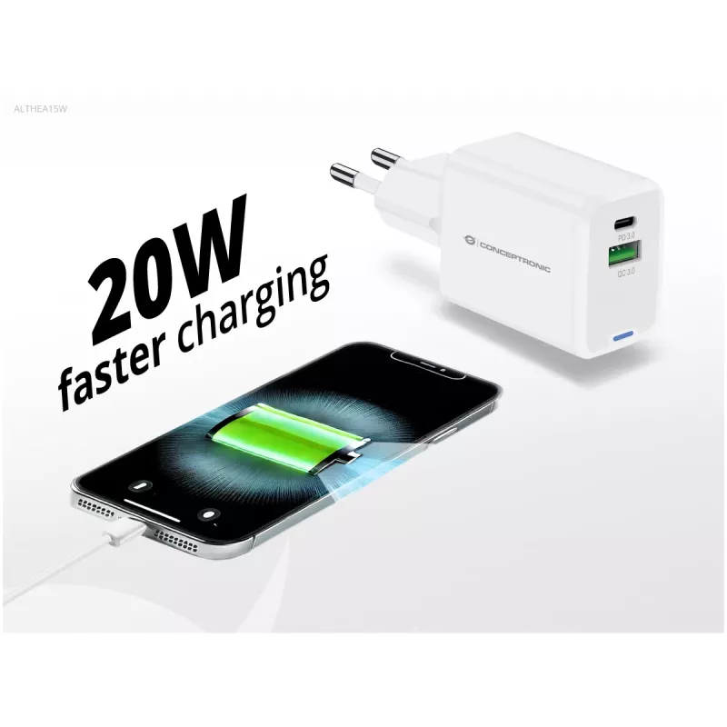 Conceptronic 2 prievadų 20 W GaN USB PD įkroviklis, USB-C x 1, USB-A x 1, QC 3.0, PPS