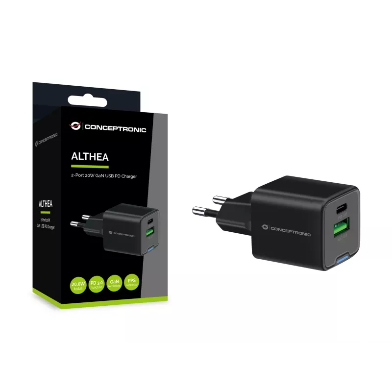 Conceptronic 2 prievadų 20W GaN USB PD įkroviklis, USB-C x 1, USB-A x 1, QC 3.0, PPS