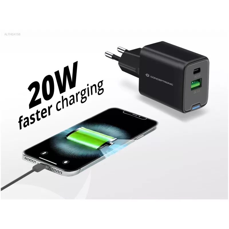 Conceptronic 2 prievadų 20W GaN USB PD įkroviklis, USB-C x 1, USB-A x 1, QC 3.0, PPS