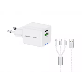 Conceptronic 2 prievadų 33W GaN USB PD įkroviklis su 3-in-1 įkrovimo kabeliu, USB-C x 1, USB-A x 1, QC 3.0, PPS