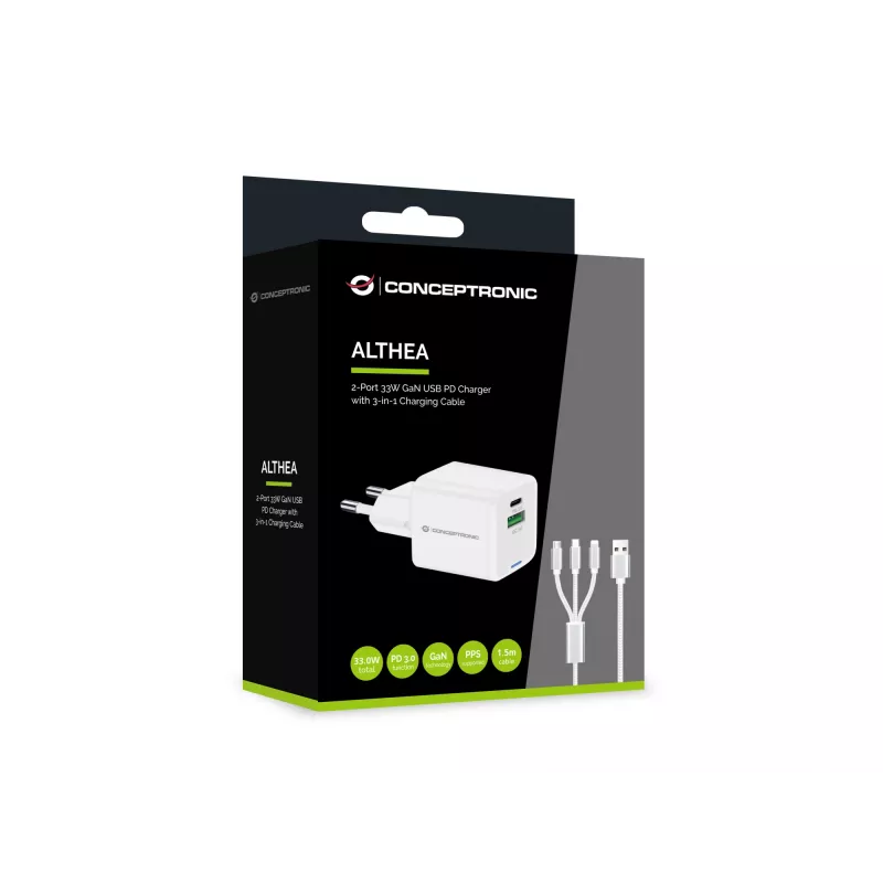 Conceptronic 2 prievadų 33W GaN USB PD įkroviklis su 3-in-1 įkrovimo kabeliu, USB-C x 1, USB-A x 1, QC 3.0, PPS
