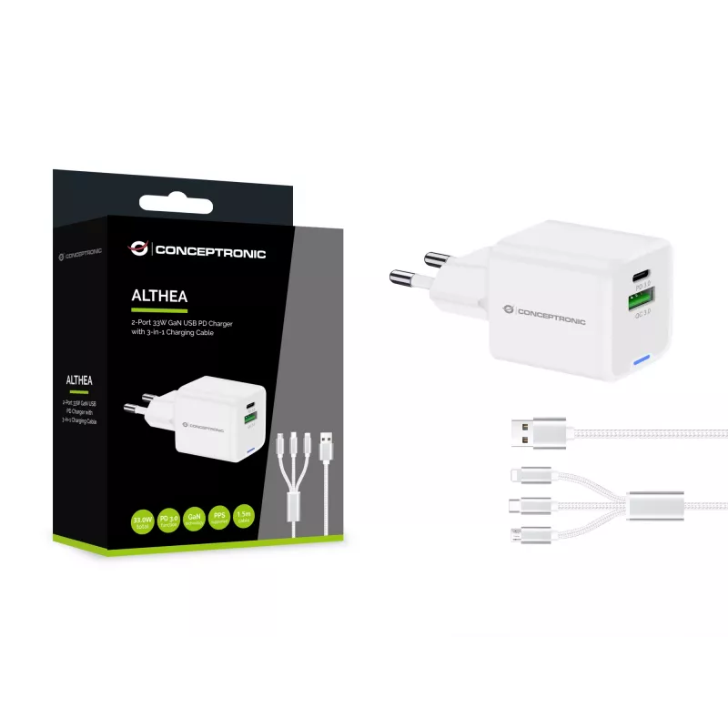 Conceptronic 2 prievadų 33W GaN USB PD įkroviklis su 3-in-1 įkrovimo kabeliu, USB-C x 1, USB-A x 1, QC 3.0, PPS