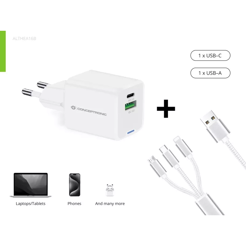 Conceptronic 2 prievadų 33W GaN USB PD įkroviklis su 3-in-1 įkrovimo kabeliu, USB-C x 1, USB-A x 1, QC 3.0, PPS