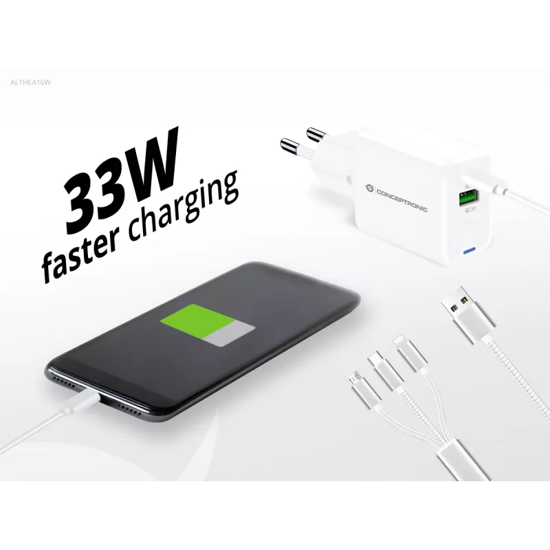 Conceptronic 2 prievadų 33W GaN USB PD įkroviklis su 3-in-1 įkrovimo kabeliu, USB-C x 1, USB-A x 1, QC 3.0, PPS