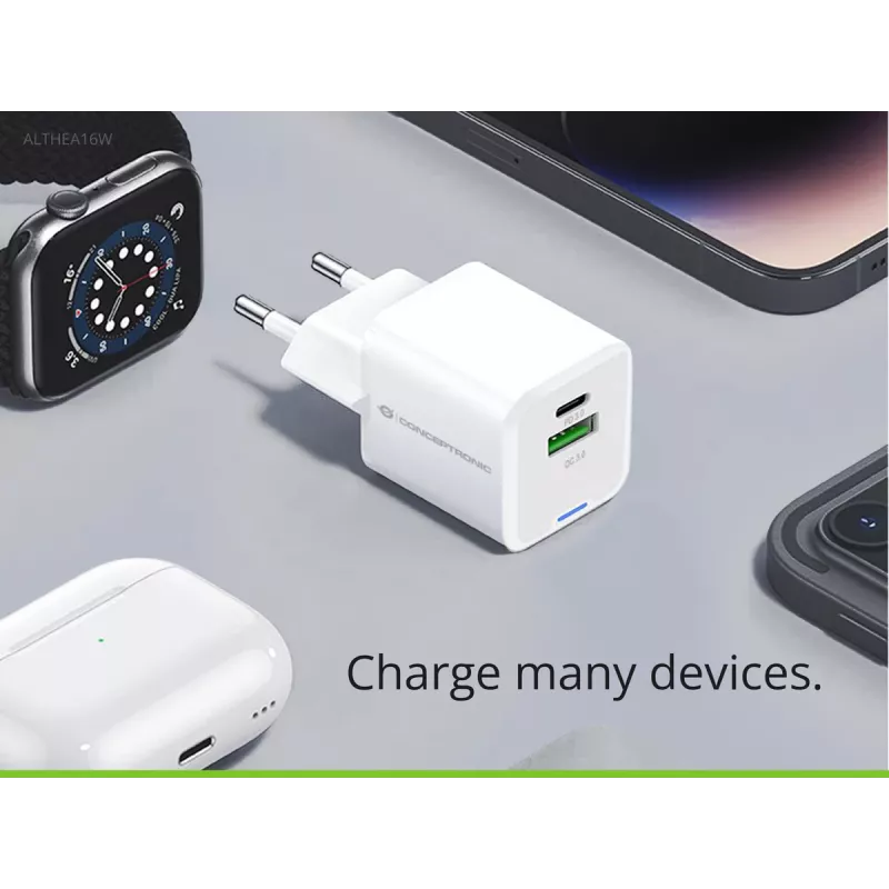 Conceptronic 2 prievadų 33W GaN USB PD įkroviklis su 3-in-1 įkrovimo kabeliu, USB-C x 1, USB-A x 1, QC 3.0, PPS