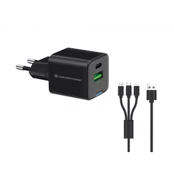 Conceptronic 2 prievadų 33W GaN USB PD įkroviklis su 3-in-1 kabeliu, USB-C x 1, USB-A x 1, QC 3.0, PPS